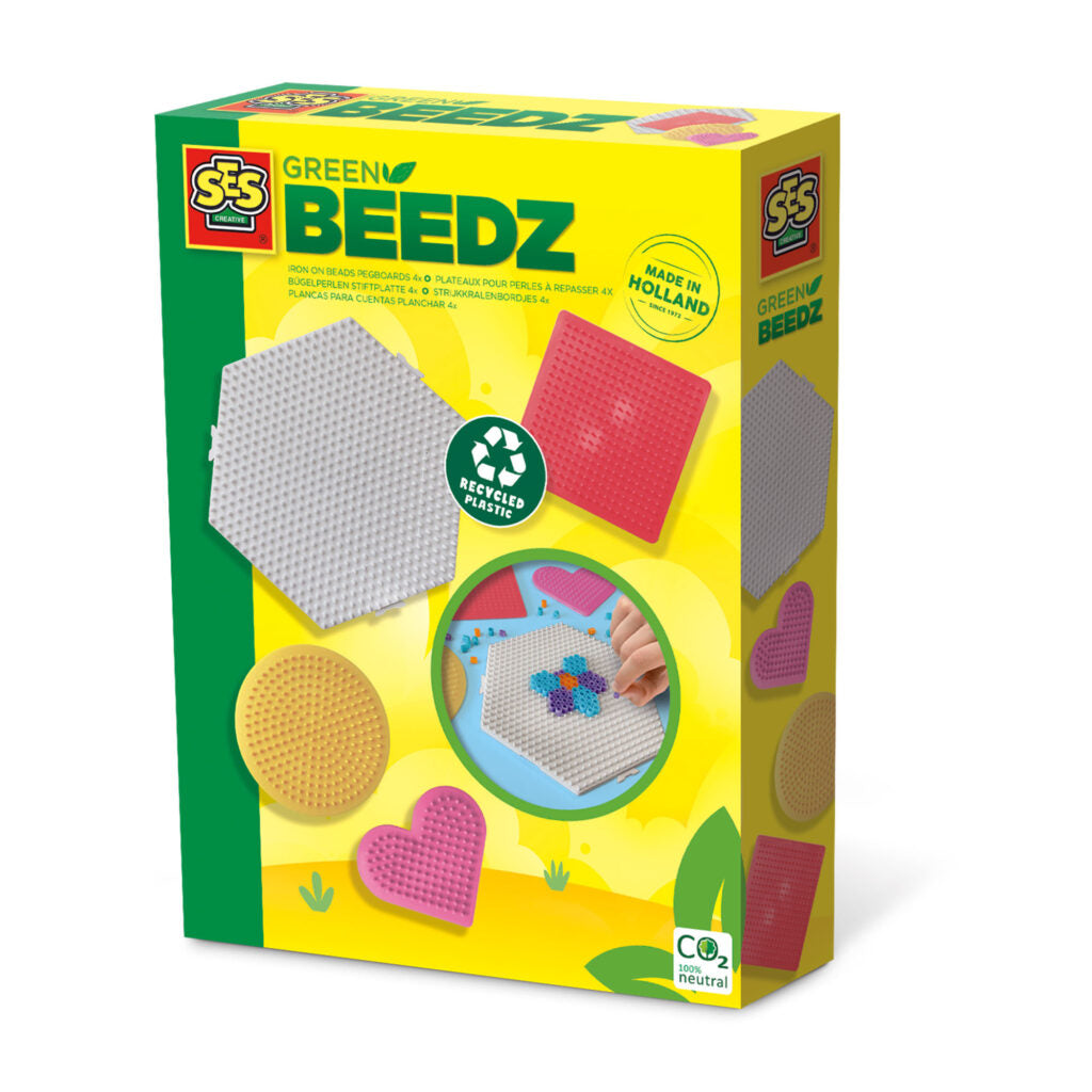 SES Creative Bügelperlen Stiftplatten Set GREEN BEEDZ - Kreativset für Kinder (4-teilig)