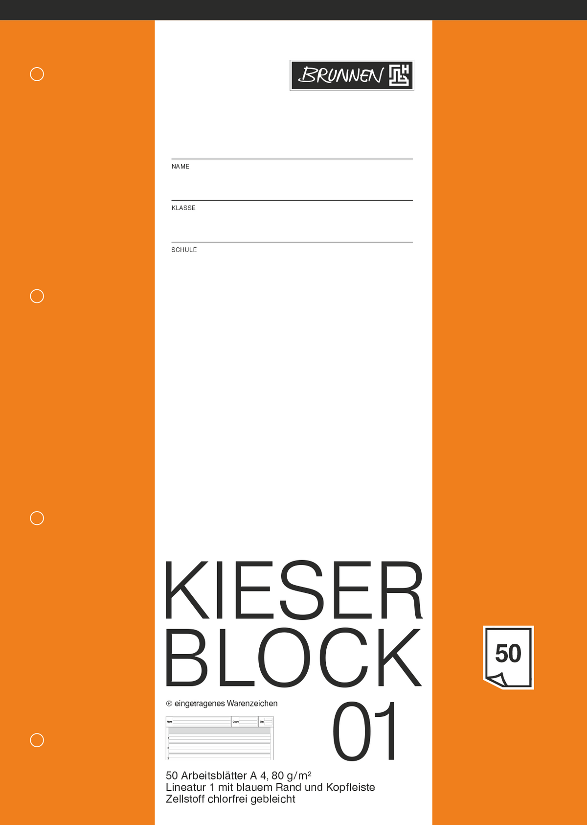 BRUNNEN KIESER-Block DIN A4 Lineatur 01 Kontrastlineatur 50 Blatt