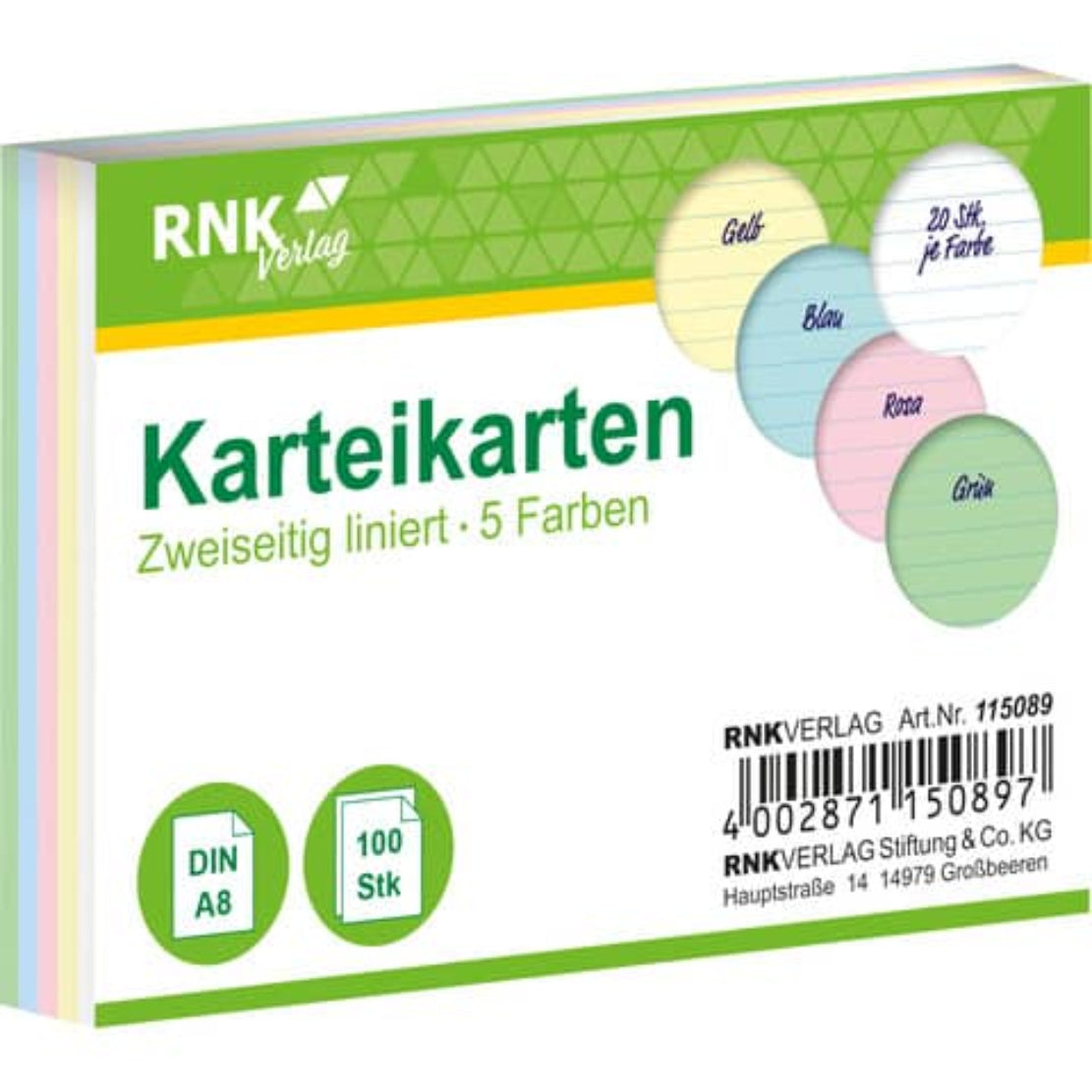 RNK Karteikarten A8 liniert – 100 Stück, 5 Farben sortiert