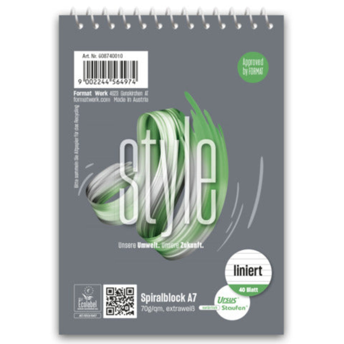 Staufen Spiralblock A7 liniert – 40 Blatt, grau