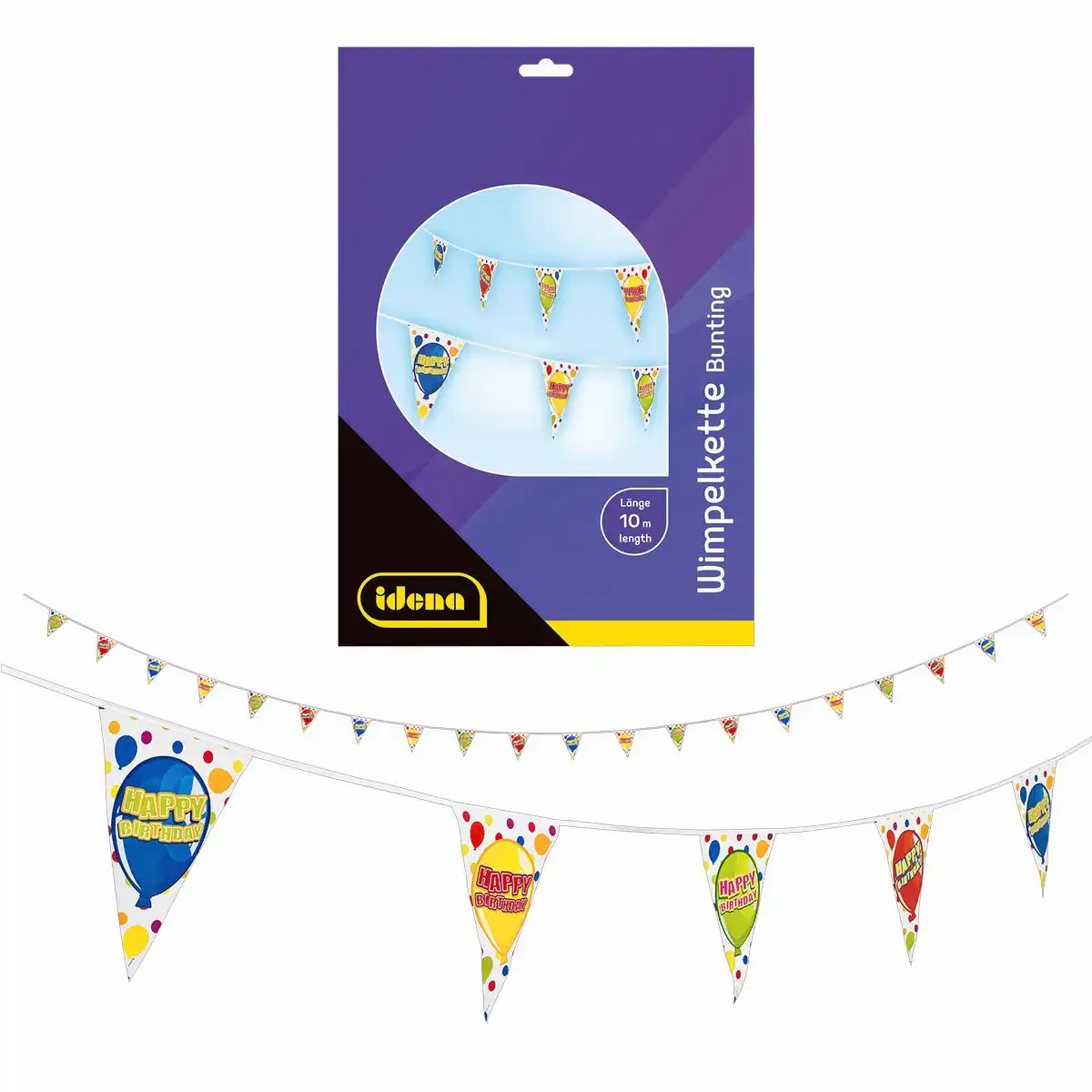Idena Wimpelkette Happy Birthday 10 m – 20 Wimpel mehrfarbig