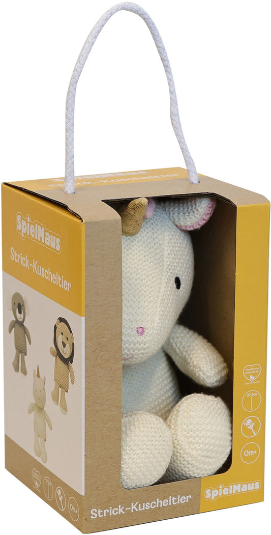 Strick-Kuscheltier mit Rassel – Einhorn