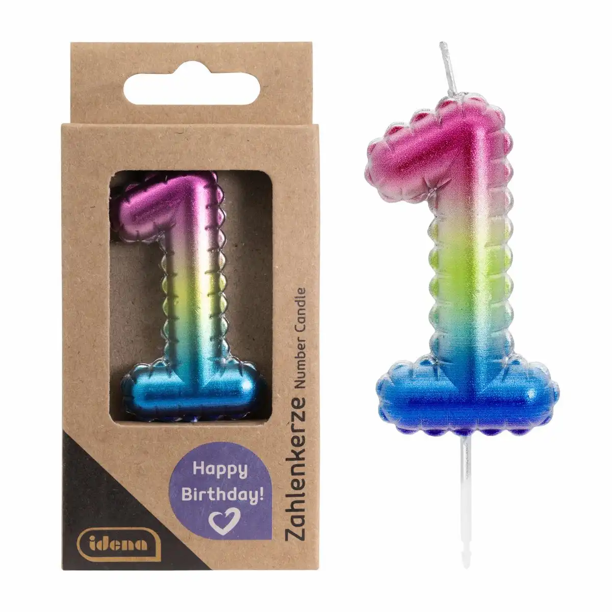Idena Zahlenkerze „1“ Regenbogen Metallic – Tortenkerze