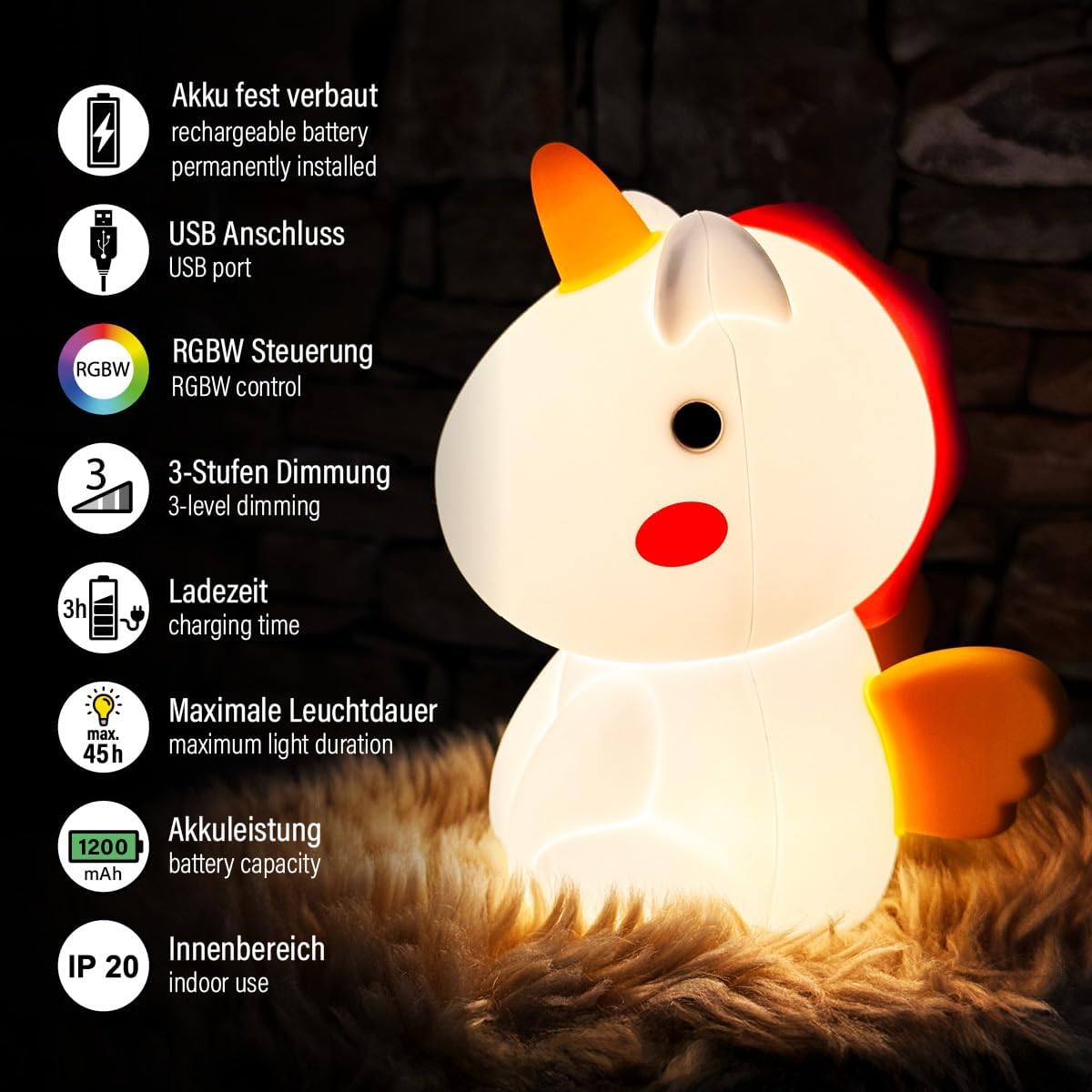 Nachtlicht Emily Einhorn – LED mit RGB-Farben, Akku und Touch-Dimmer
