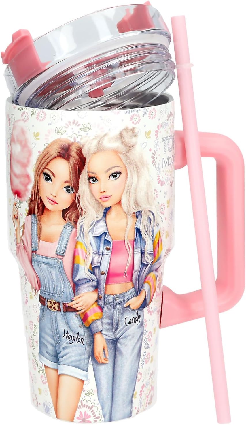 Depesche 14032 TOPModel Festival Fun - to-Go Becher aus Edelstahl, in Creme und Rosa, mit Model Motiv und Blumen-Muster, Getränkebecher mit Strohhalm, Isolierung und Griff, Fassungsv. Ca. 500 ml