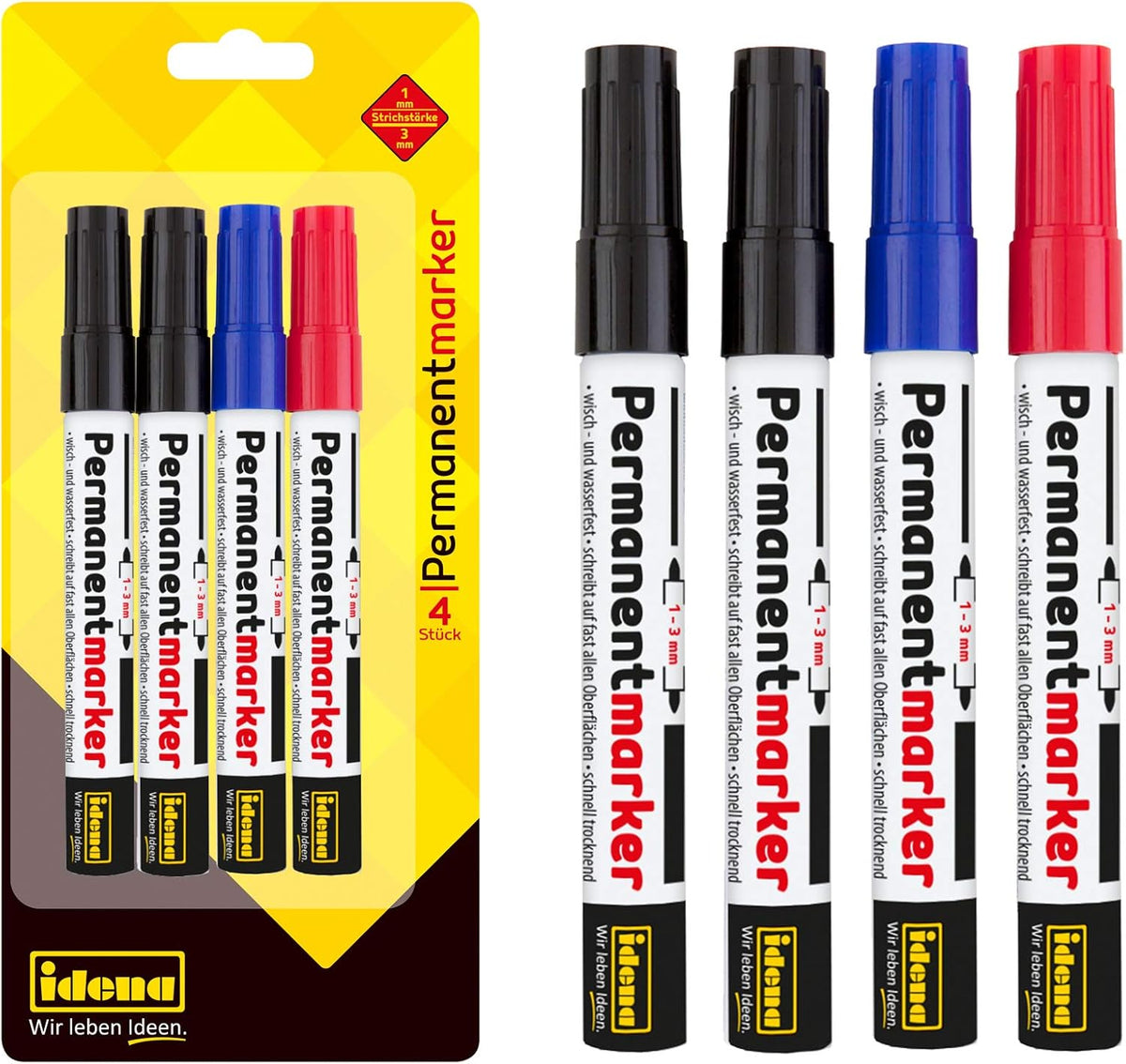 Idena Permanentmarker 1–3mm Rundspitze schwarz/blau/rot 4 Stk.