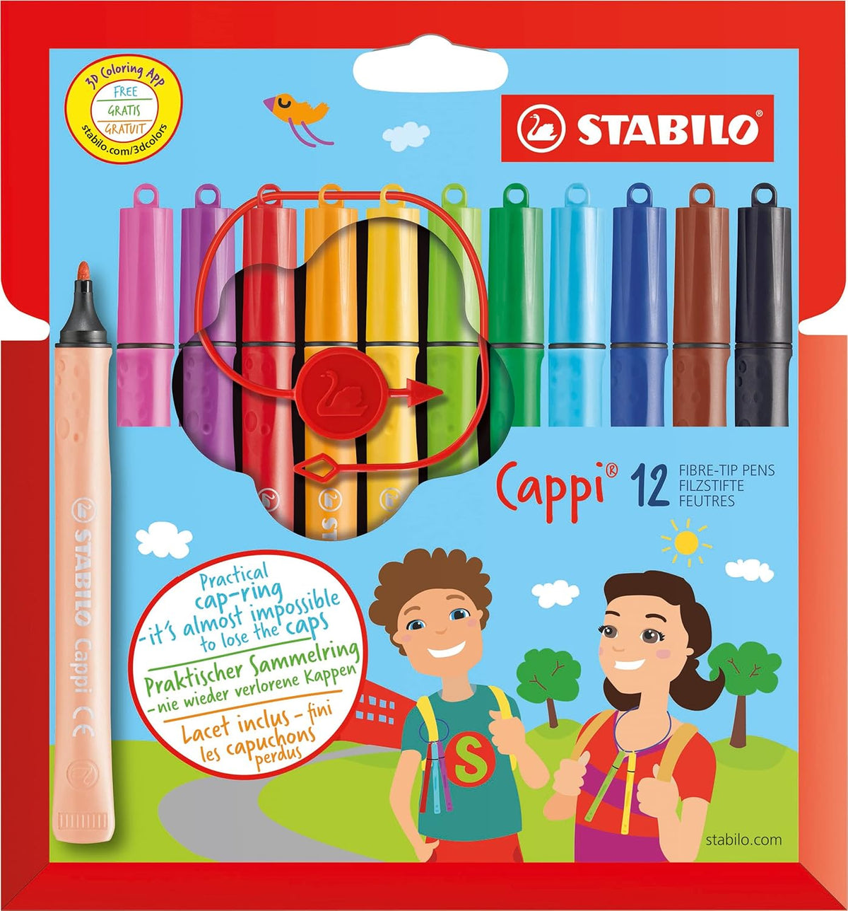 STABILO Cappi Filzstifte 12er Set – Kappenring, auswaschbar