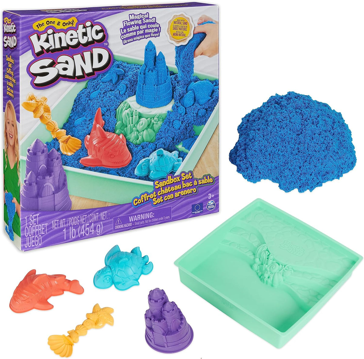 Kinetic Sand Box Set Blau – 454 g Sand, Sandbox & 3 Förmchen