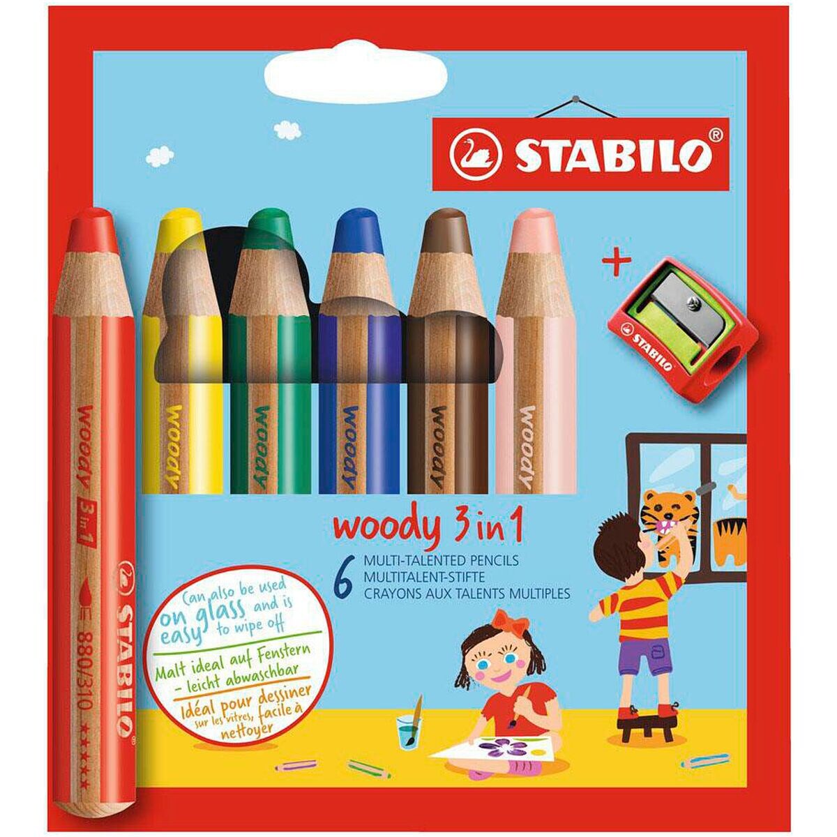 STABILO woody 3in1 Buntstifte – 6 Stück mit Spitzer