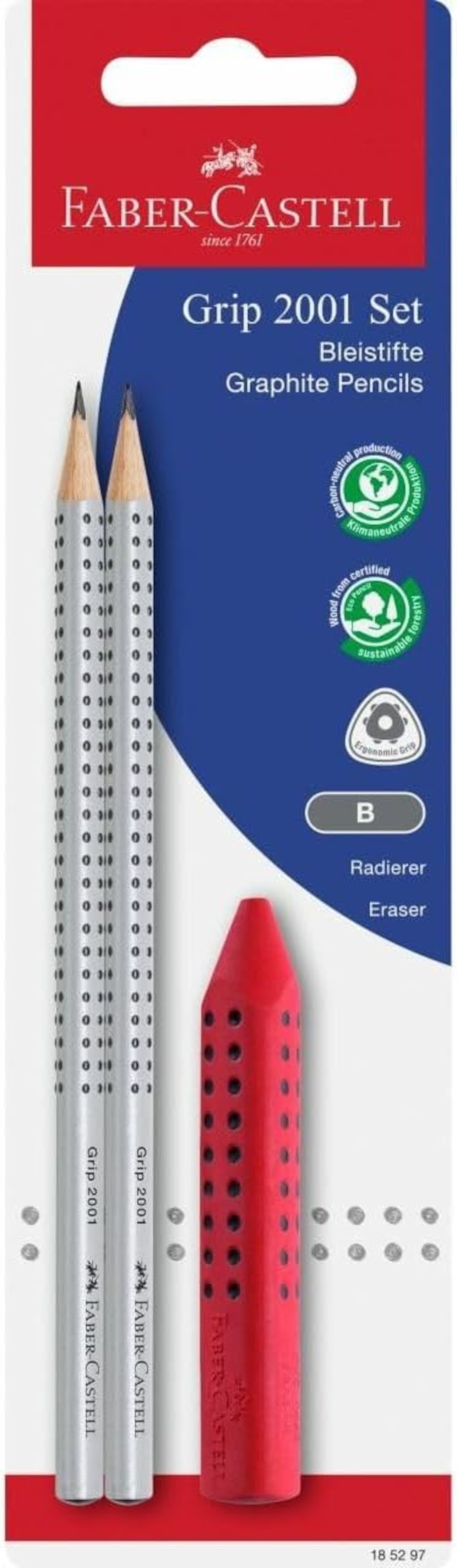 Faber-Castell GRIP 2001 B, 2 Stifte + 1 Radierer zufällig