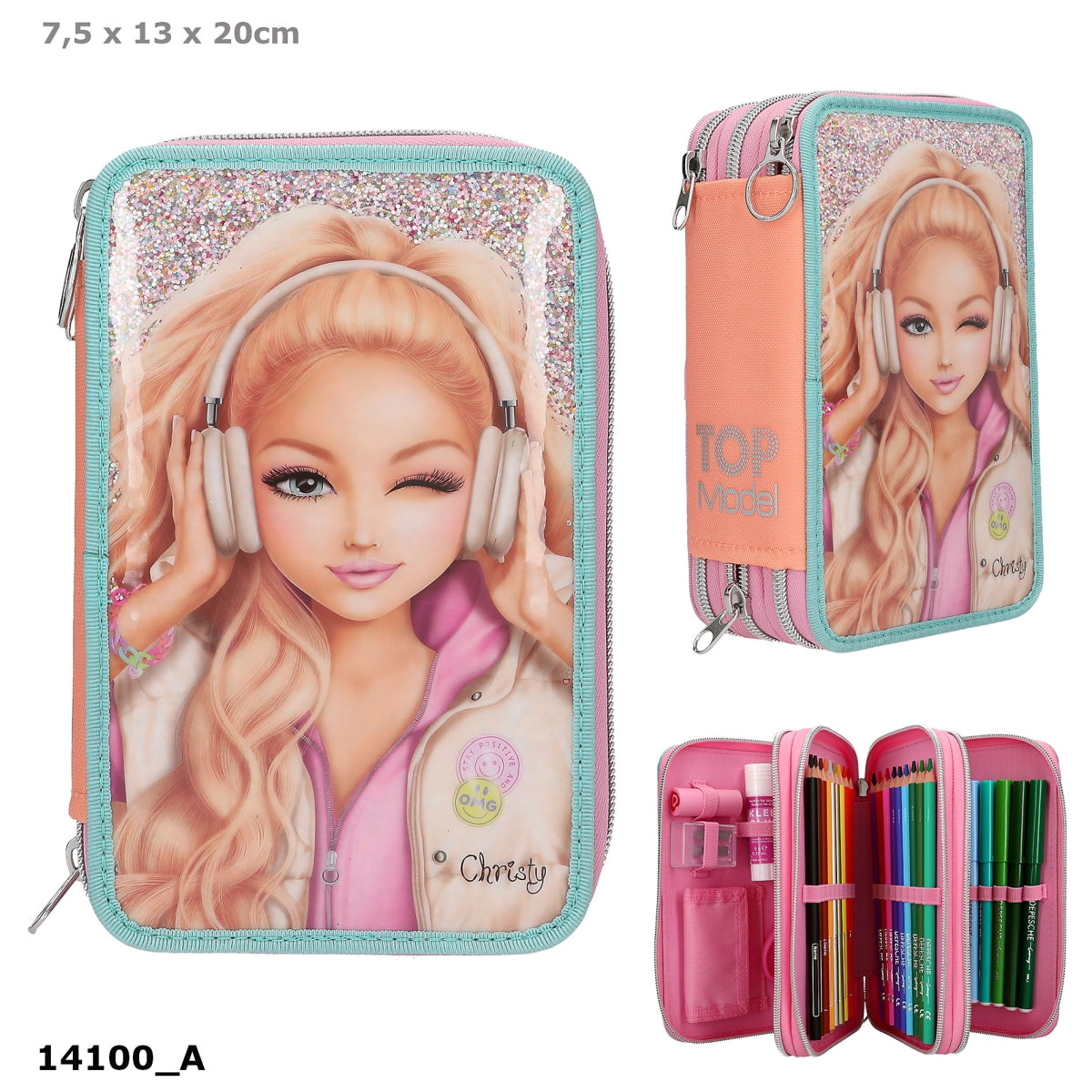 TOPModel 3-Fach-Federtasche MUSIC gefüllt Pink Glitzer