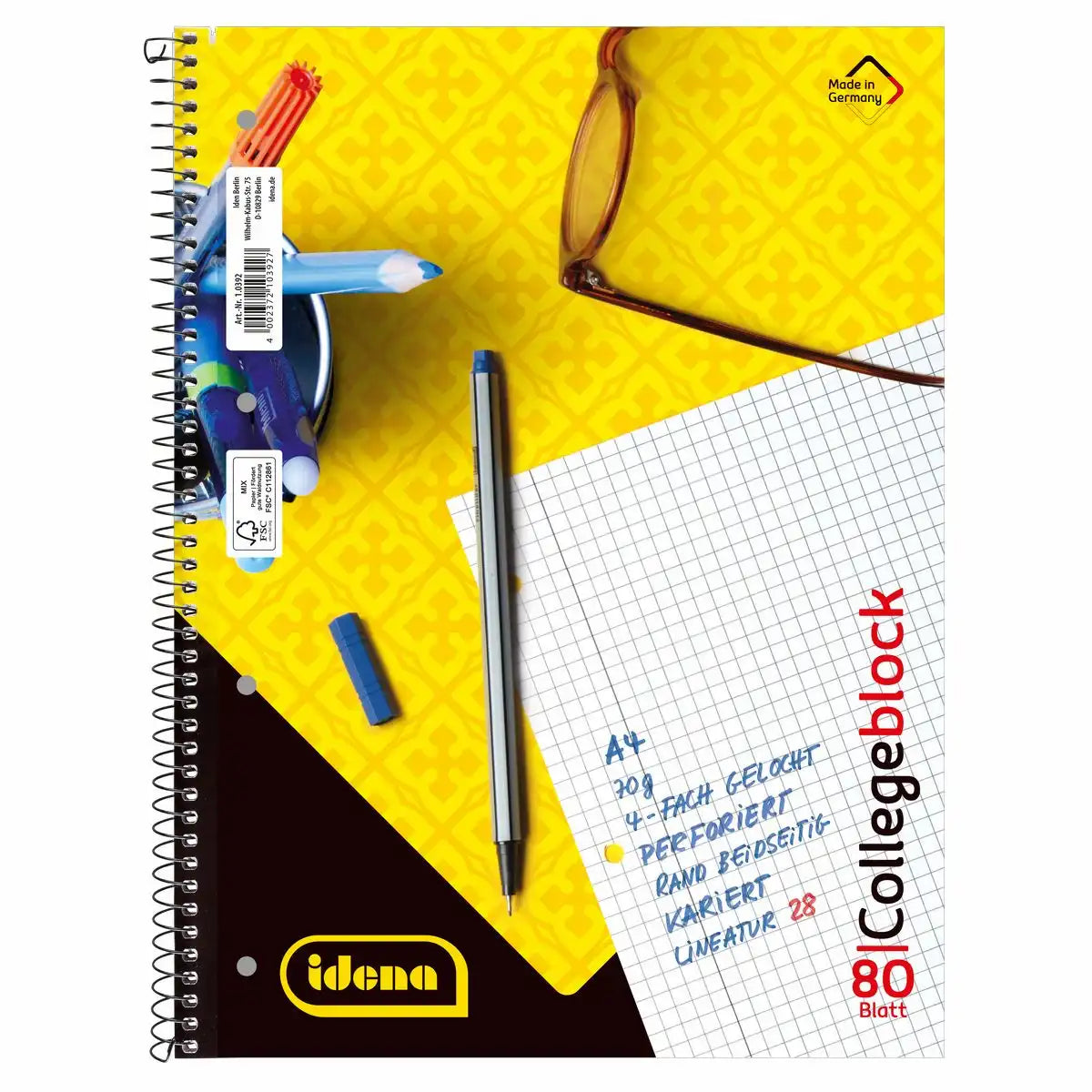 Idena Collegeblock Lineatur 28 kariert mit Doppelrand 80 Blatt 70g/m² DIN A4