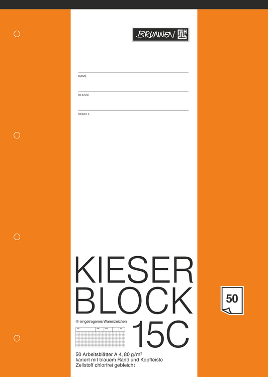 BRUNNEN KIESER-Block DIN A4 Lineatur 15C kariert 50 Blatt