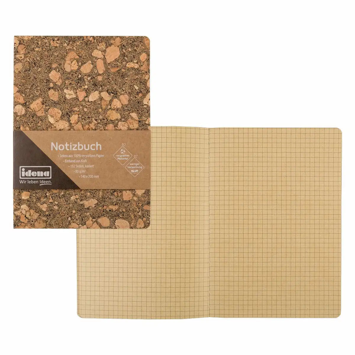 Idena Kork-Notizbuch 80g/m² kariert braun 14x20cm - Natürliches Premium-Schreibbuch