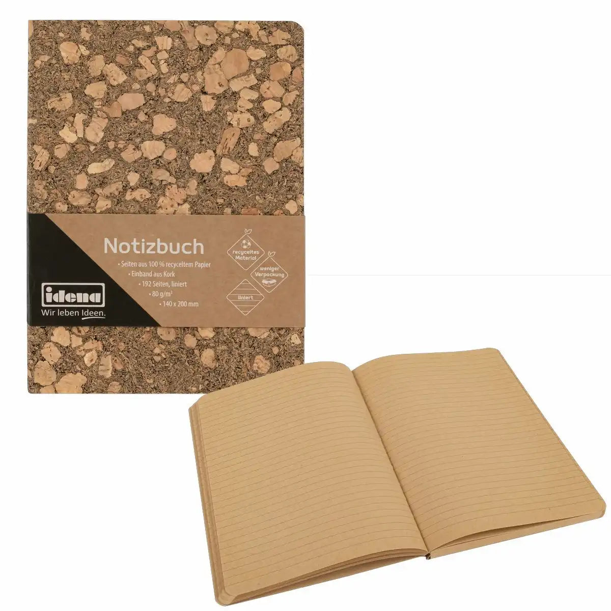 Idena Premium Kork-Notizbuch 80g/m² liniert 14x20cm - Edles Naturprodukt für bewusste Schreiber
