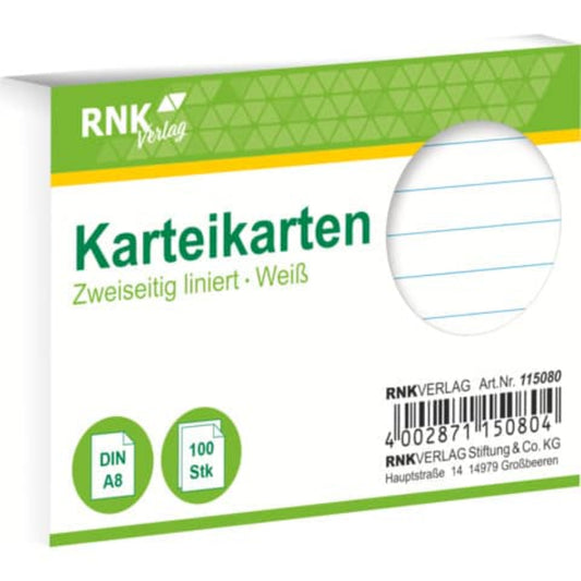 RNK Karteikarten A8 liniert – 100 Stück, weiß