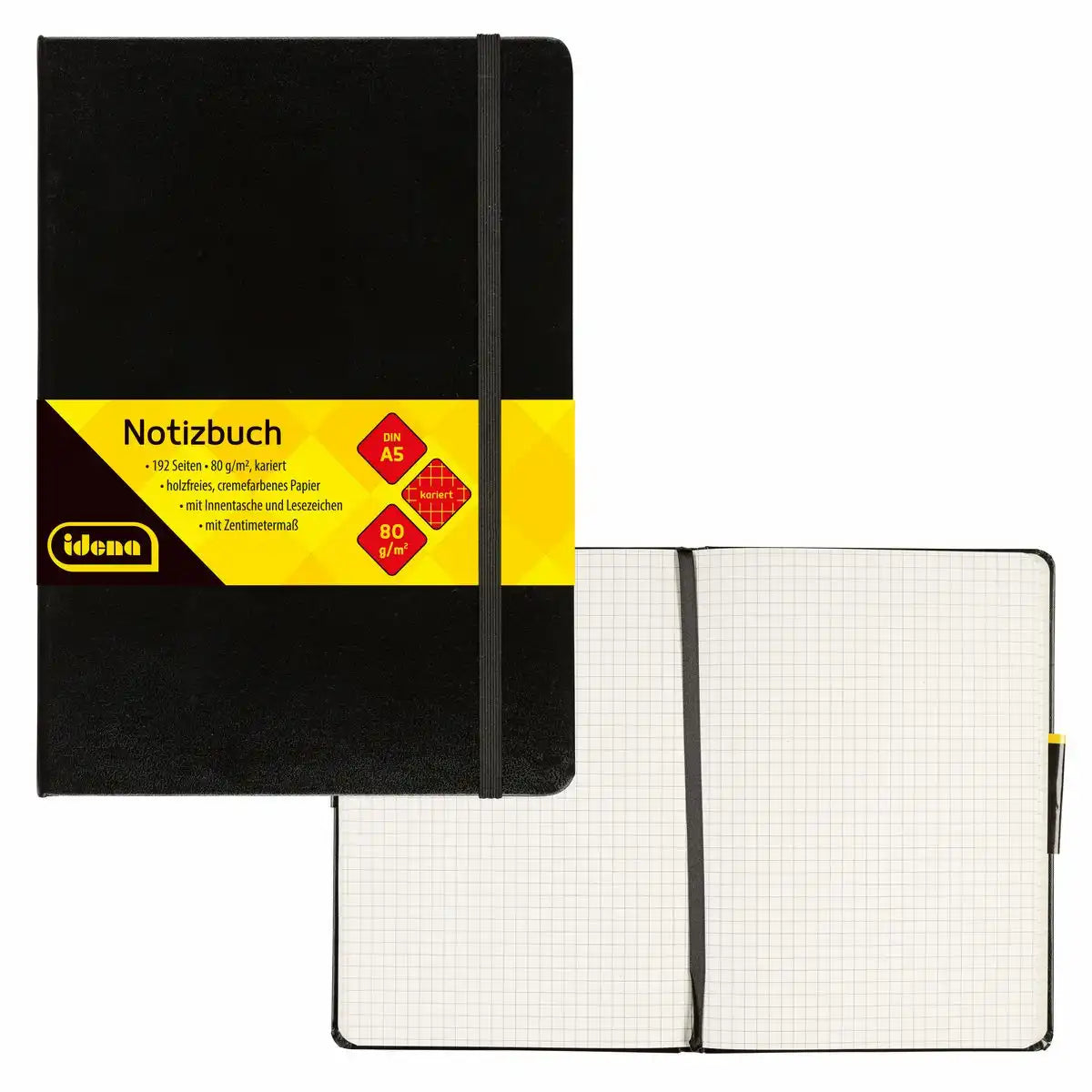Idena Notizbuch DIN A5 80g/m² kariert schwarz 192 Seiten