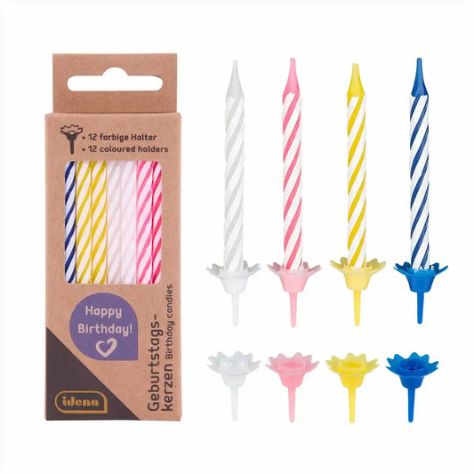 Idena Geburtstagskerzen Set - 24 bunte Kerzen mit 12 Haltern