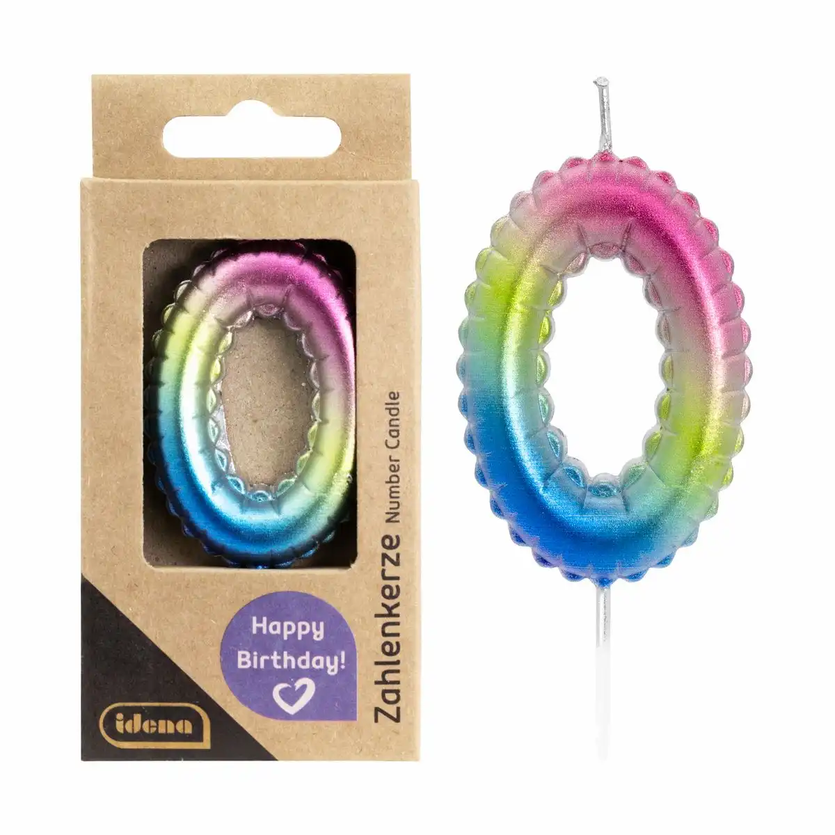 Idena Zahlenkerze 0 – Regenbogen metallic Tortenkerze