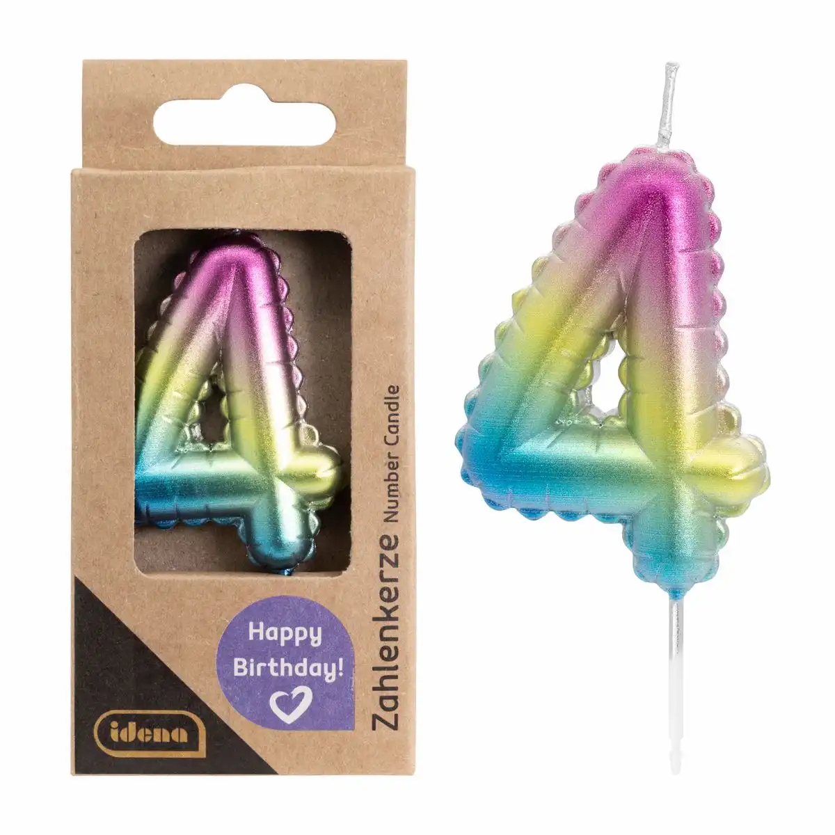 Idena Zahlenkerze 4 – Regenbogen metallic Tortenkerze