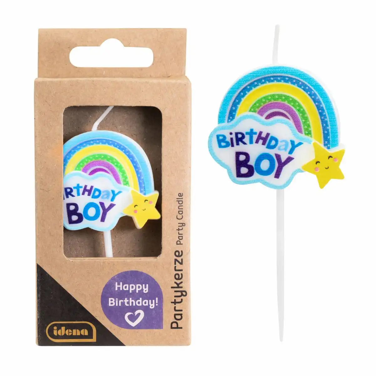 Idena Partykerze Birthday Boy Regenbogen Blau, 4x4 cm