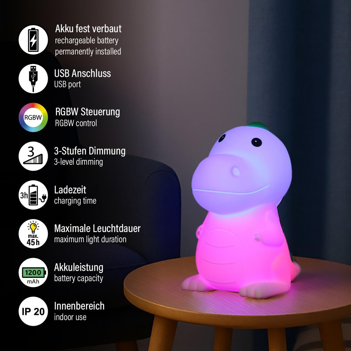 FH Lighting Nachtlicht Poldi Dino – RGB, 14 cm, Touch-Dimmer