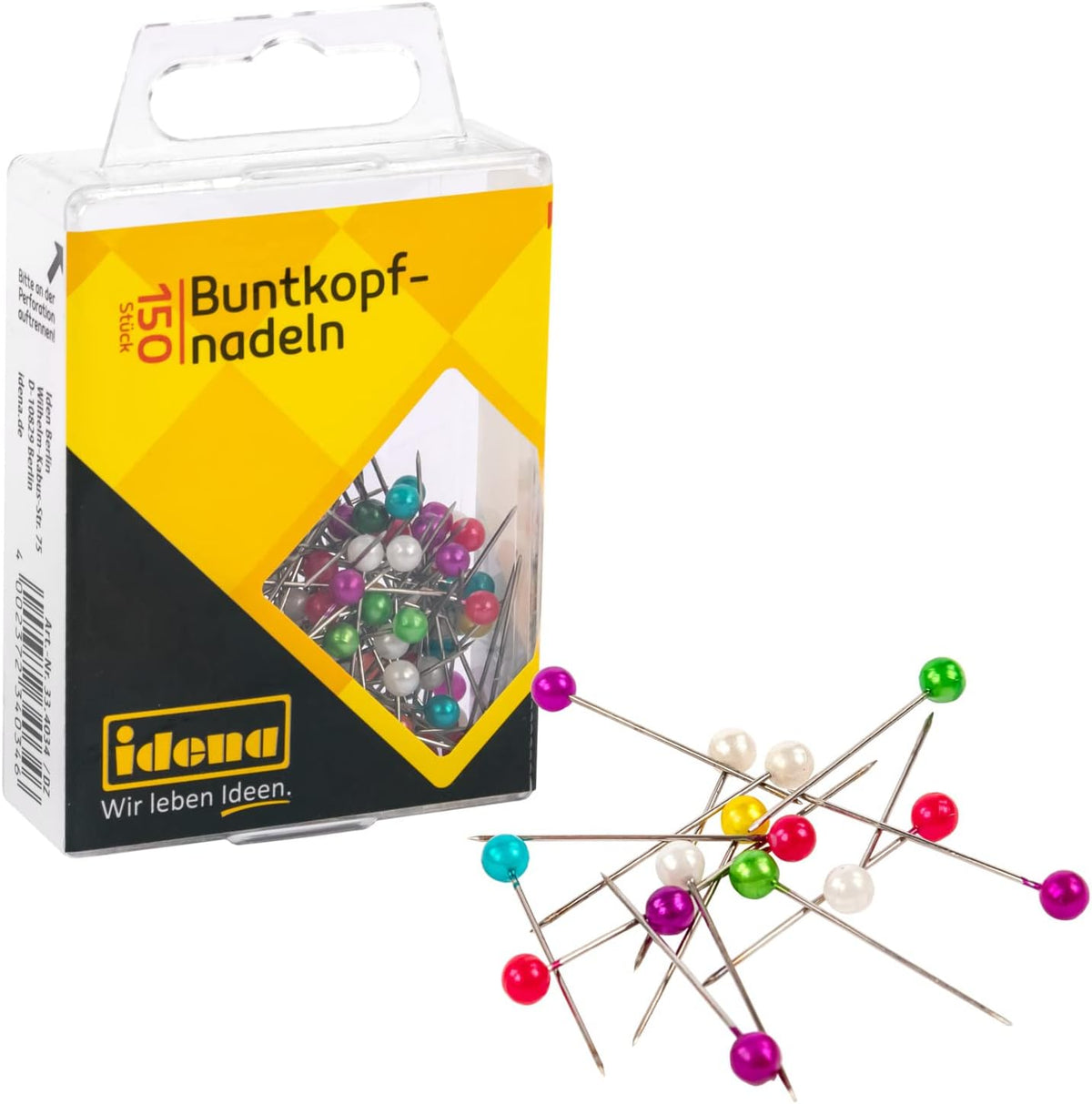 Idena Buntkopfnadeln mehrfarbig 150 Stk. Hängebox Metall
