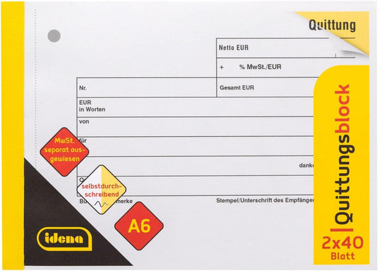 Idena Quittung selbstdurchschreibend MwSt. separat ausgewiesen DIN A6 quer 2x40 Blatt