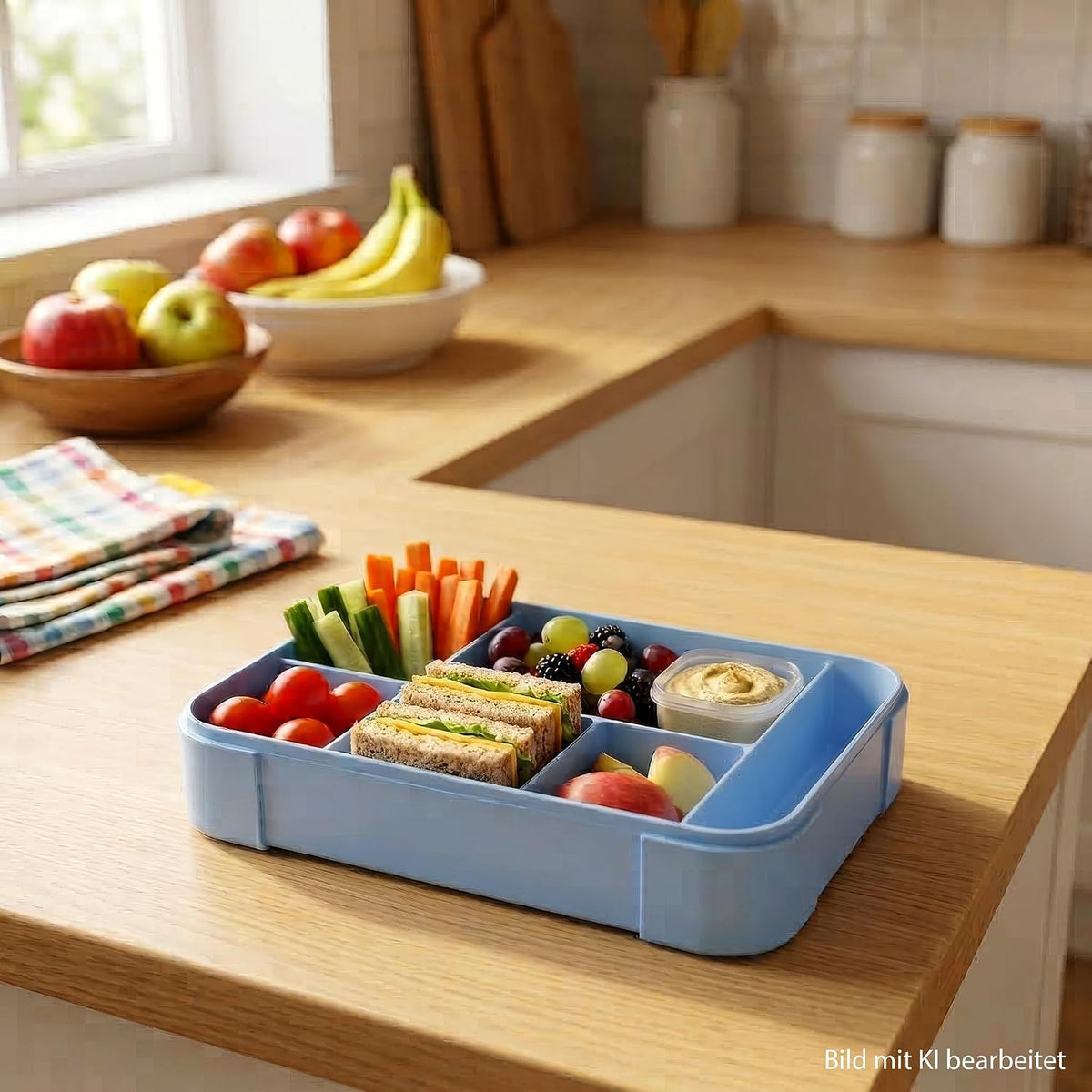 Idena Bento-Brotdose mit Besteck und Soßendose, blau, 6 Fächer