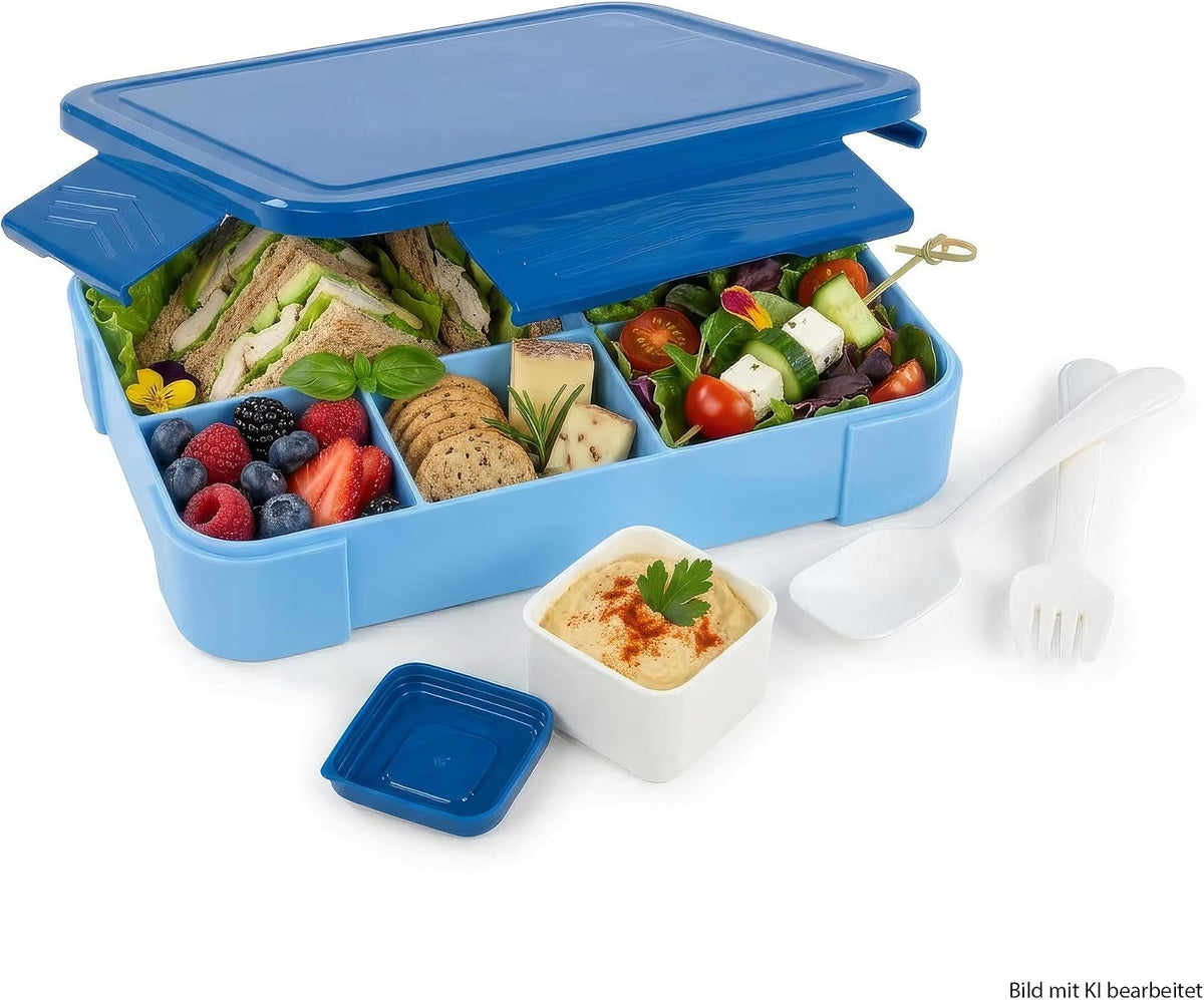 Idena Bento-Brotdose mit Besteck und Soßendose, blau, 6 Fächer
