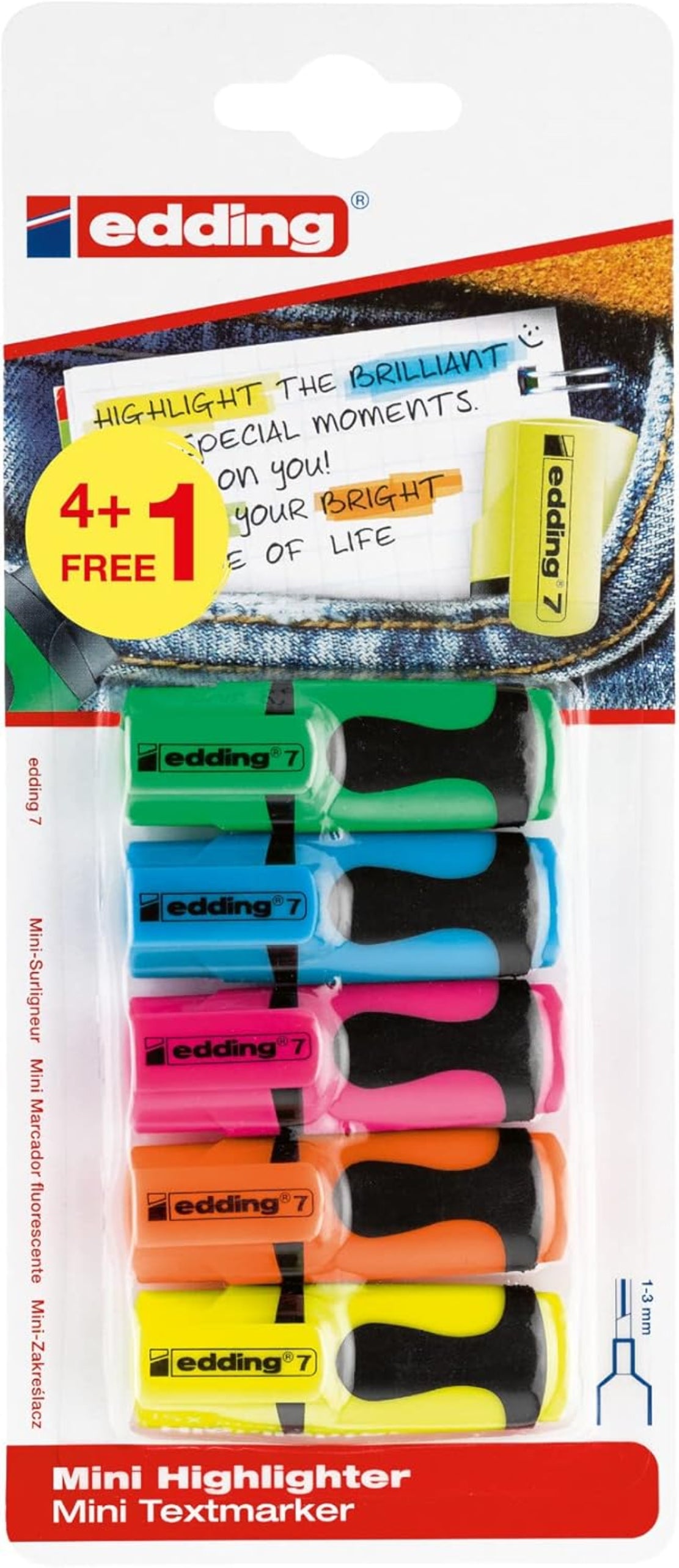 edding Mini Highlighter 5er-Set (4+1) – mehrfarbig sortiert