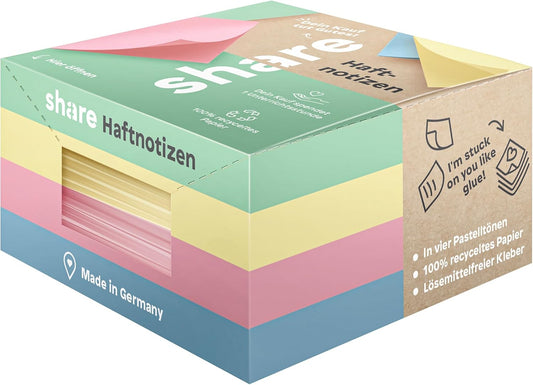 share Haftnotizen Pastell 4×100 Blatt, 75×75 mm, recycelt