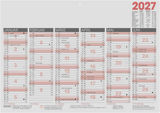 BRUNNEN Tischkalender 2027 A4 quer – Halbjahresübersicht