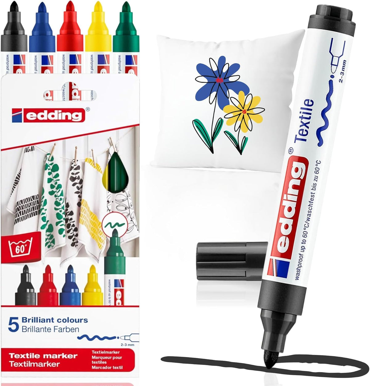 edding 4500 Textilmarker Grundfarben – 5er-Set, waschfest 60°C