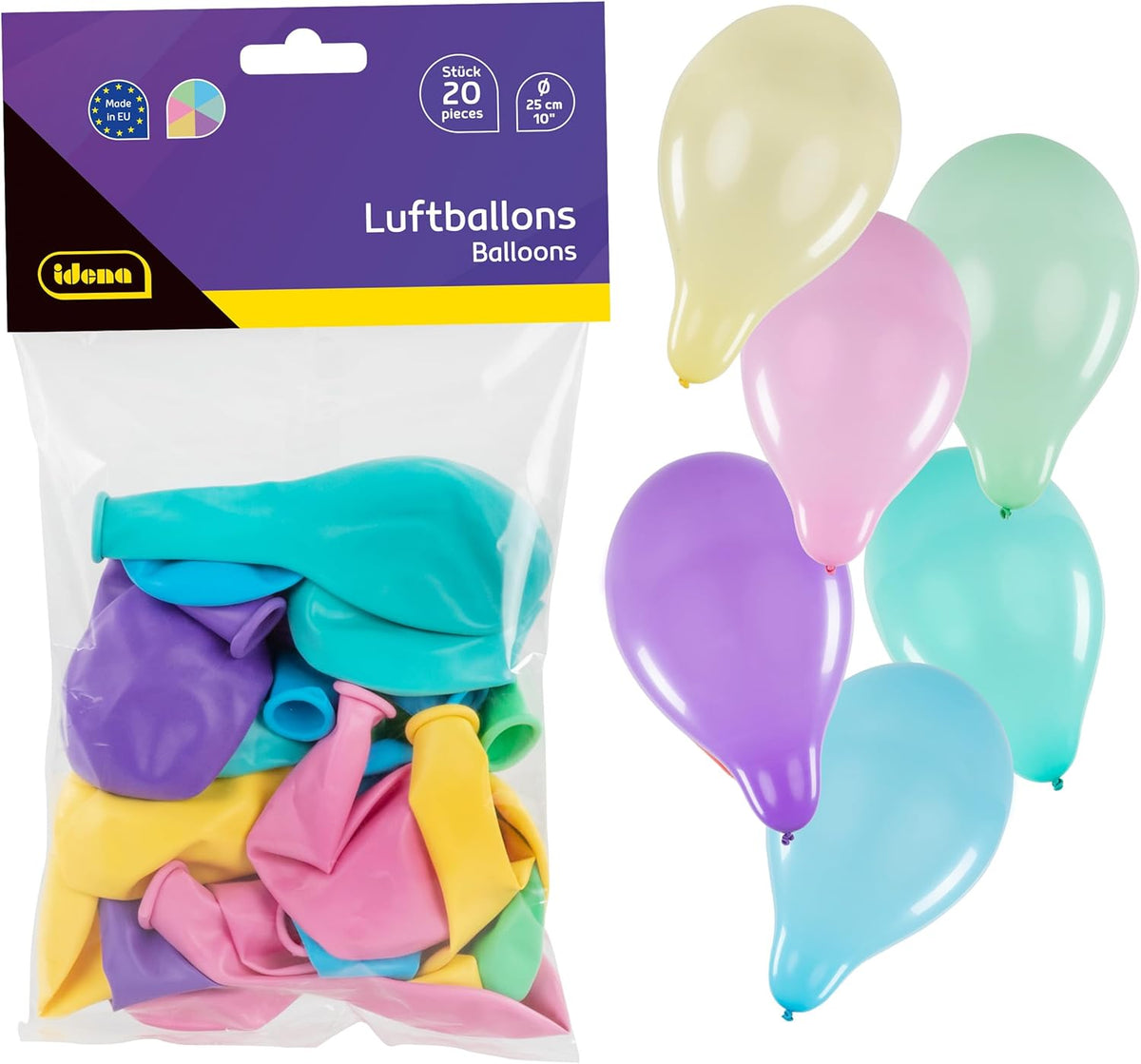 Idena Luftballons Pastell Ø 25 cm – 20 Stück, 6 Farben