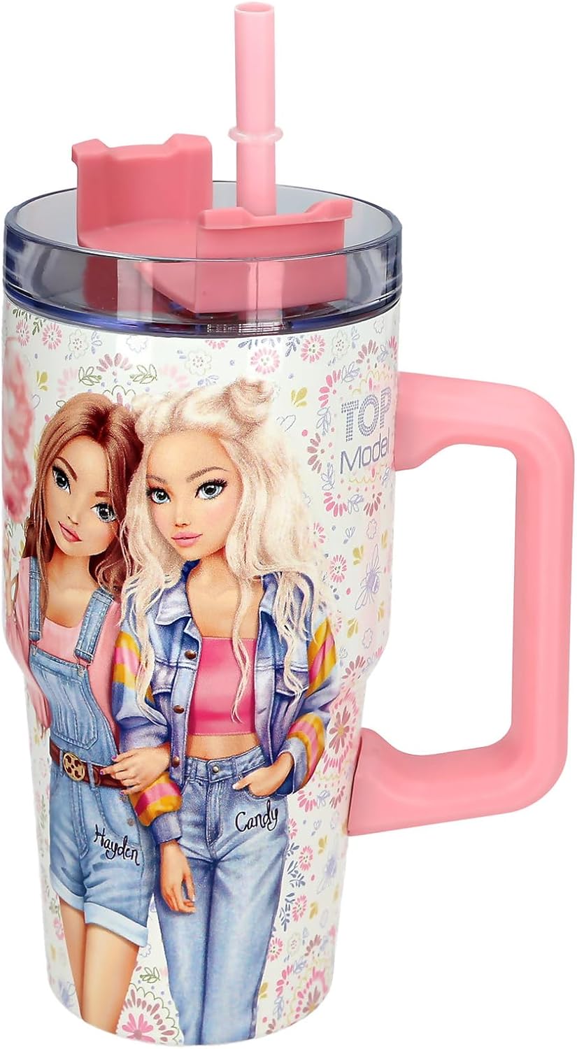 Depesche 14032 TOPModel Festival Fun - to-Go Becher aus Edelstahl, in Creme und Rosa, mit Model Motiv und Blumen-Muster, Getränkebecher mit Strohhalm, Isolierung und Griff, Fassungsv. Ca. 500 ml