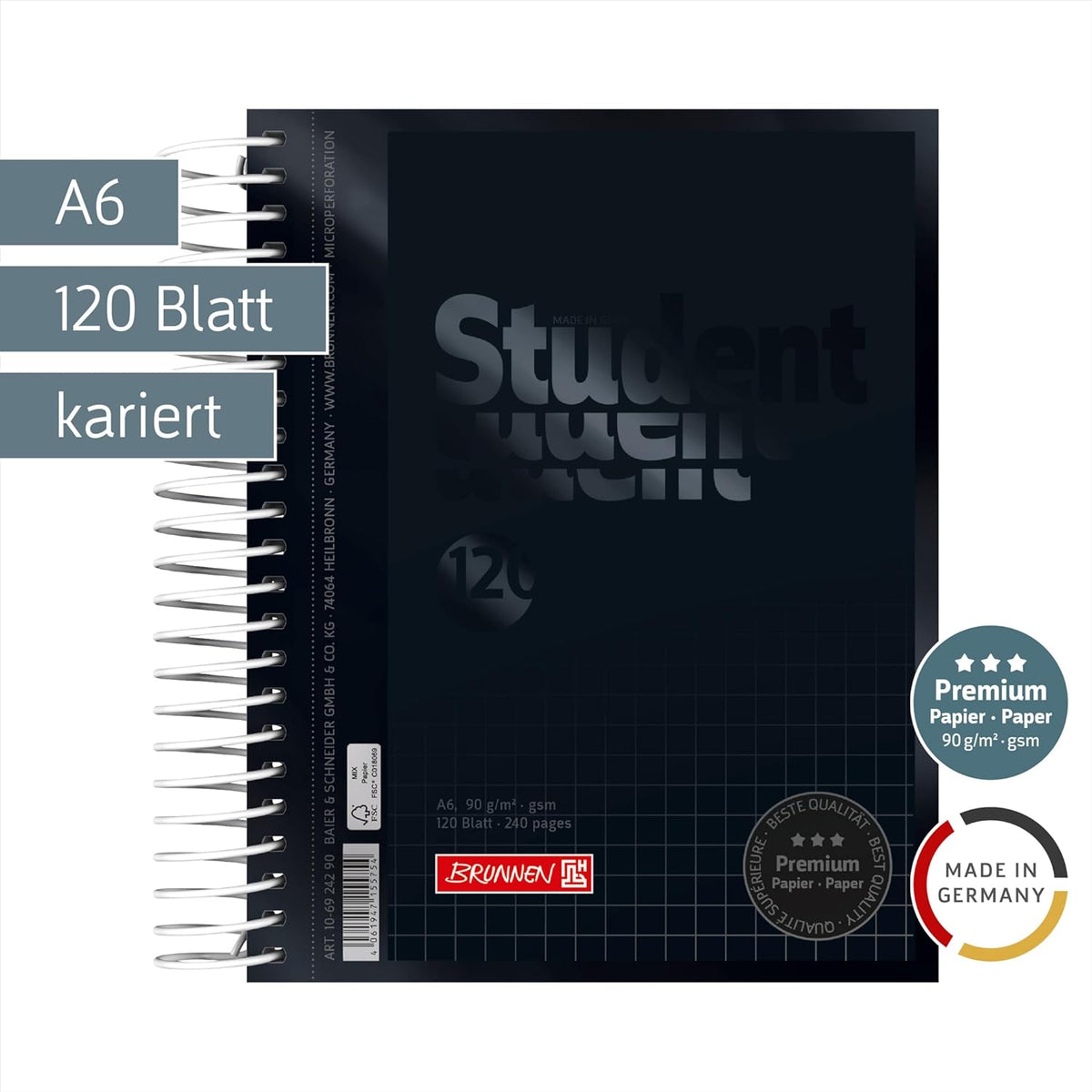 BRUNNEN College-Block A6 kariert 120 Blatt Onyx