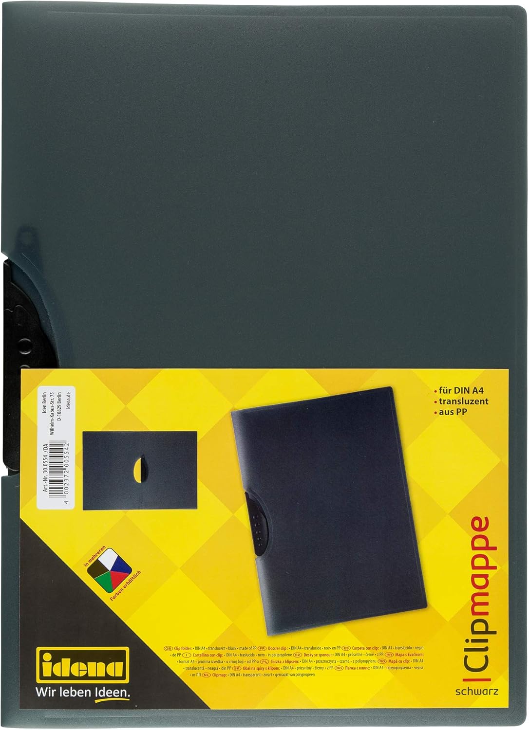 Idena Clipmappe DIN A4 – PP transluzent/schwarz, ca. 30 Blatt
