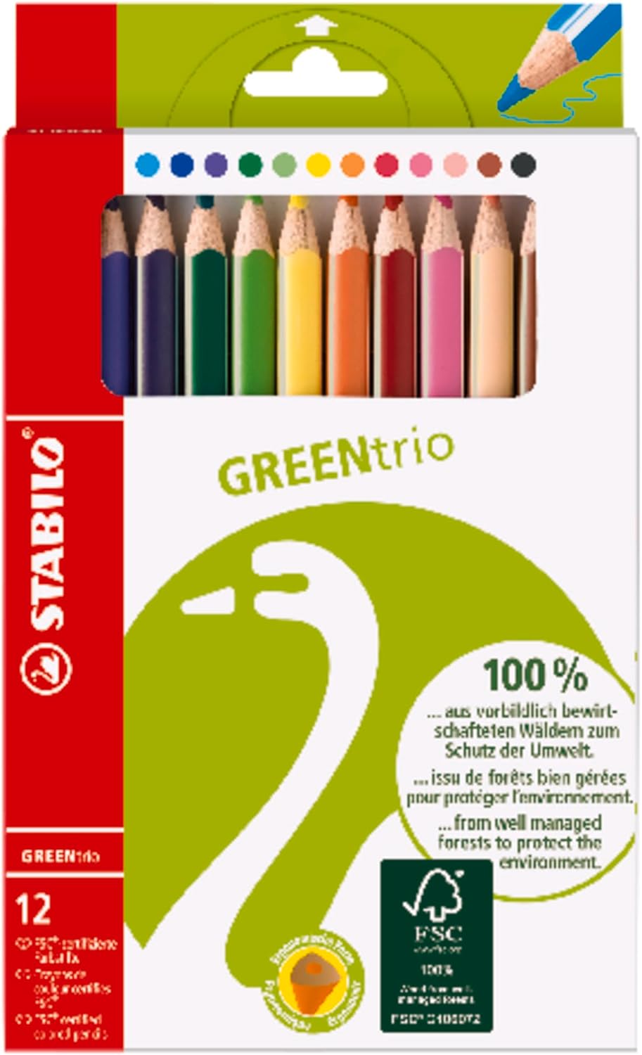 STABILO GREENtrio Dreikant-Buntstift – 12er Etui, FSC-Holz