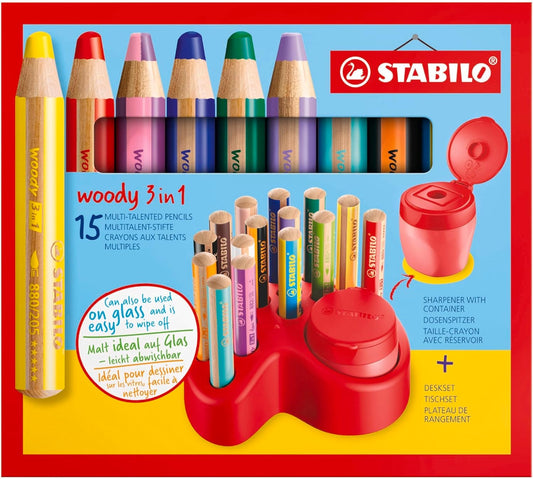 STABILO woody 3in1 Tischset – 15 Buntstifte + Spitzer