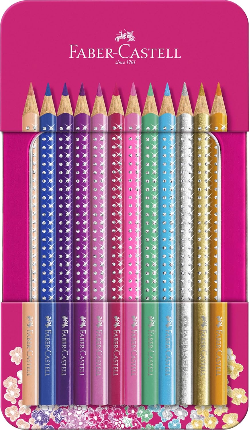 Faber-Castell Sparkle Buntstifte Kalender 2026 - Pink Metalldose mit 12 Glitzer-Buntstiften