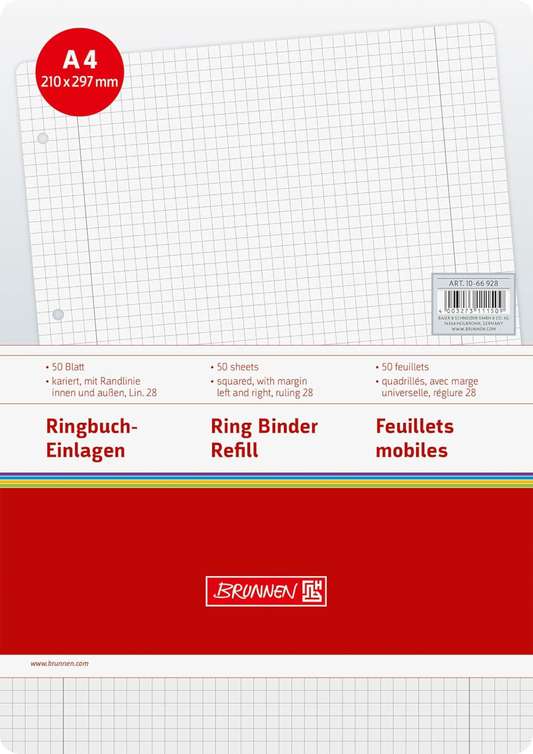 BRUNNEN Ringbucheinlagen A4 kariert Lin. 28 – 50 Blatt