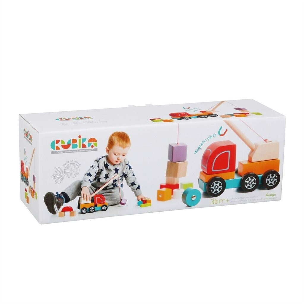 Premium Holzspielzeug LKW mit Kran - 14 Teile Konstruktionsset für Kinder