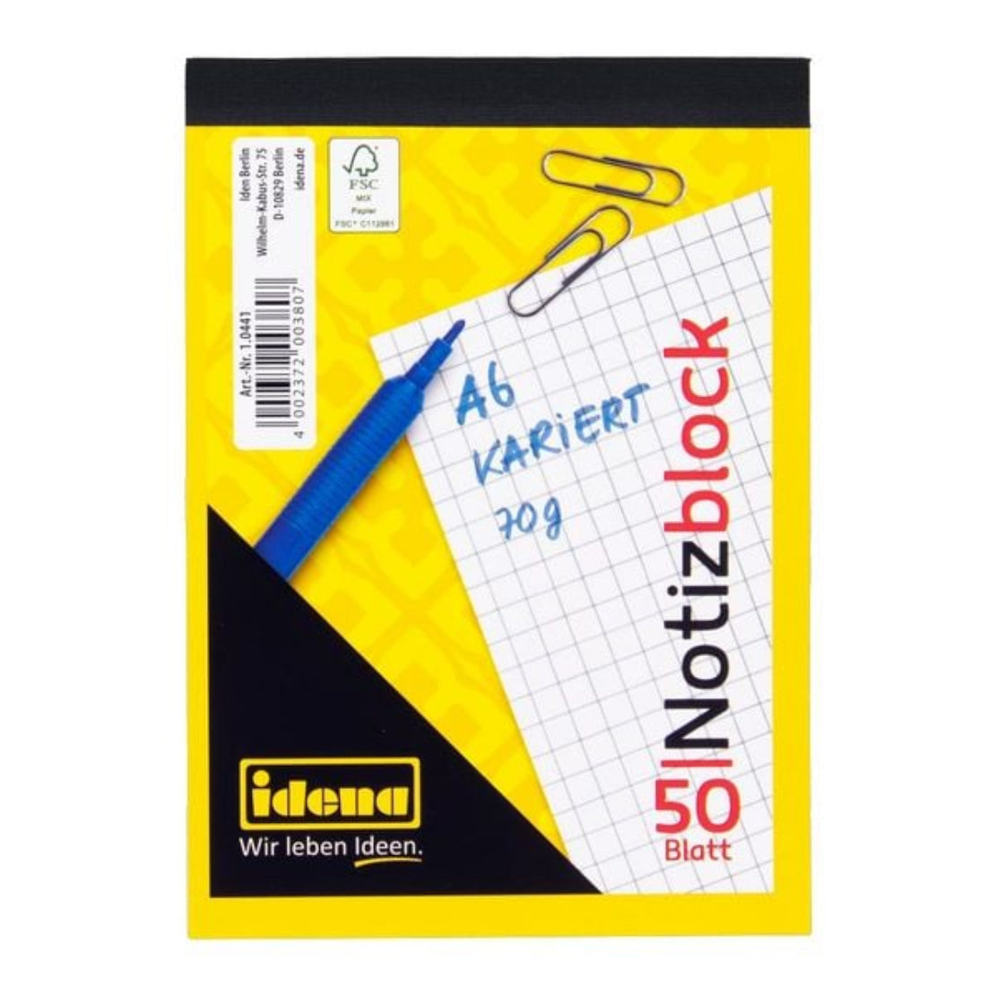 Idena Notizblock A6 kariert 50 Blatt 70 g/m² kopfgeleimt