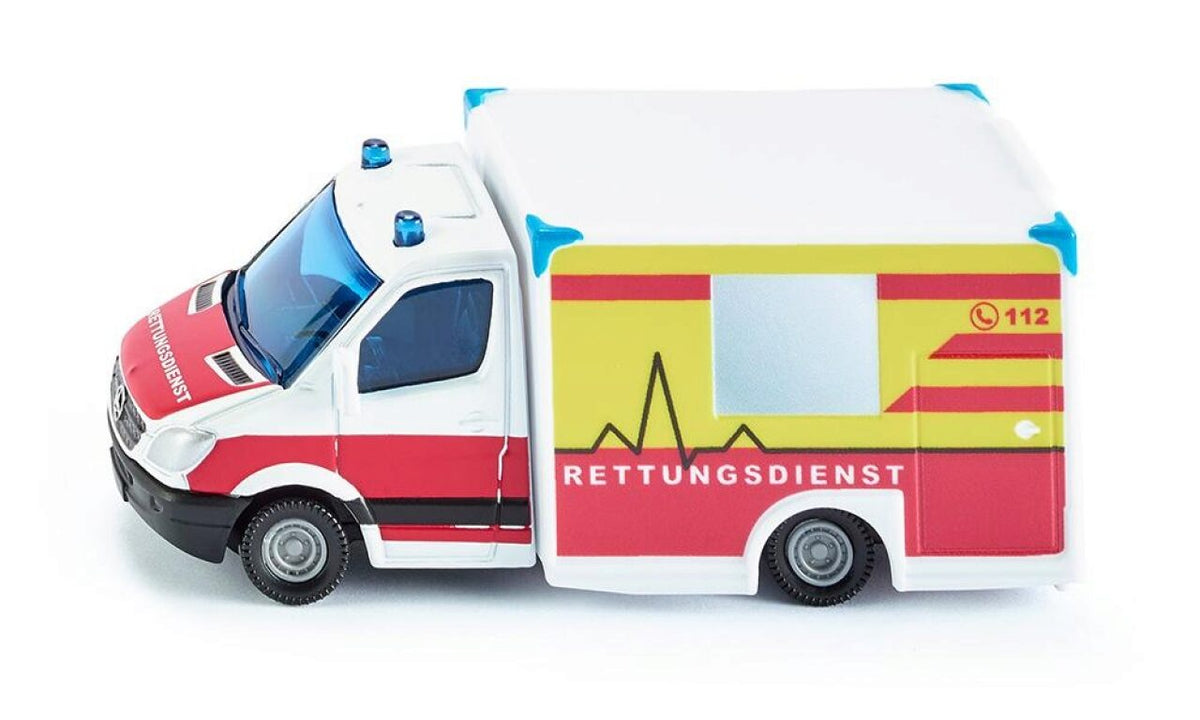 siku MB Sprinter Rettungswagen - Detailgetreues Spielzeugauto für kleine Helden