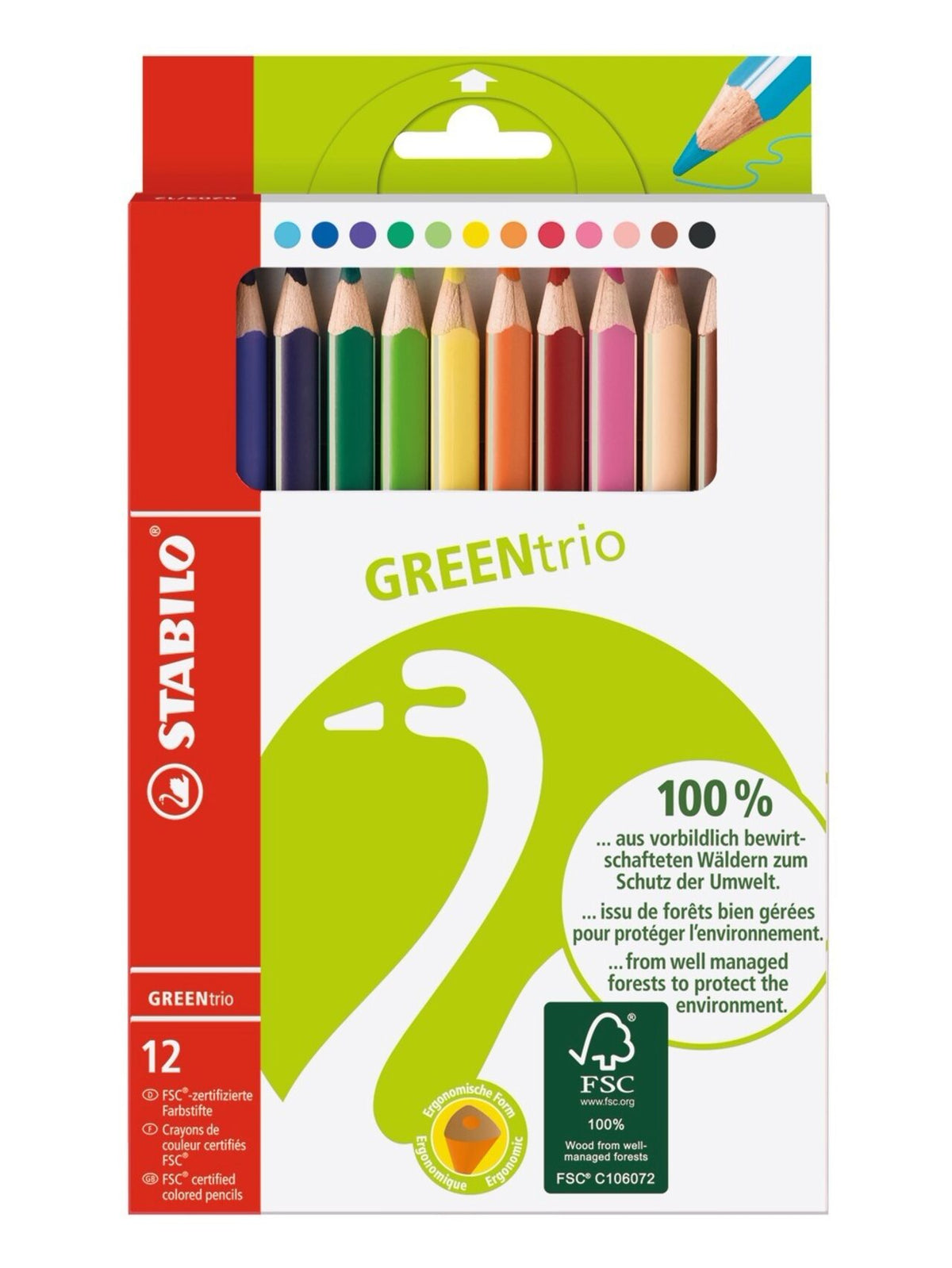 STABILO GREENtrio Dreikant-Buntstift – 12er Etui, FSC-Holz